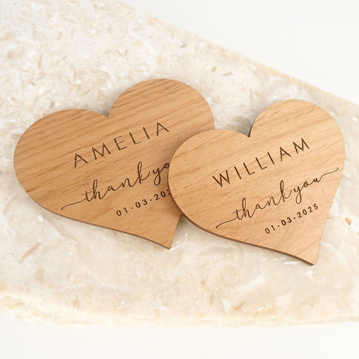 Custom Designed Engraved Wooden Heart Shaped Wedding Place Card with magnet on the back