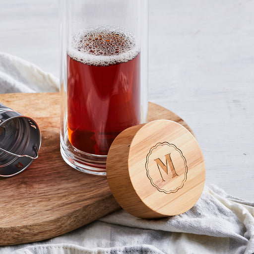 Custom engraved tea infuser designed for busy mums on the go, featuring a natural wood lid and a heartfelt message for Mother's Day.