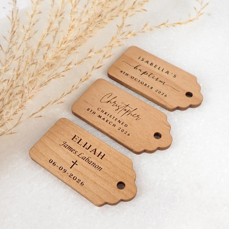 Personalised Engraved Wooden Baby Christening Gift Tags Favours