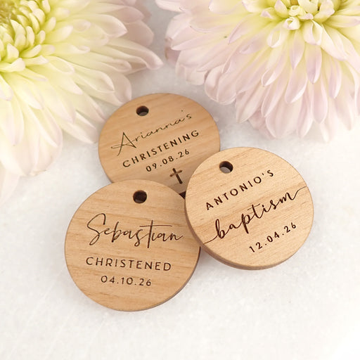 personalised Engraved Christening Baby Round Wooden Gift Tag Favours