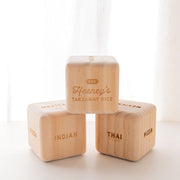 Engraved wooden Family Takeaway Dice with favourite dinner options and family name