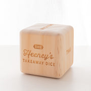 Natural wood dinner decision dice with engraved takeaway options and rounded edges