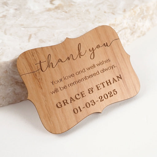 Personalised engraved wooden wedding guests thank you cards