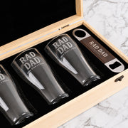 Personalised wooden beer set for Dad, Stepdad or Grandpa with four engraved beer glasses