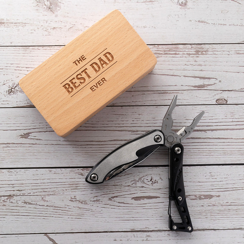 Personalised wooden gift box with engraved lid and stainless steel multi tool inside