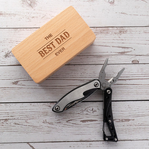 Personalised wooden gift box with engraved lid and stainless steel multi tool inside