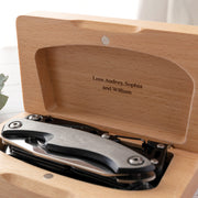 Engraved wooden box with message inside and practical stainless steel tool