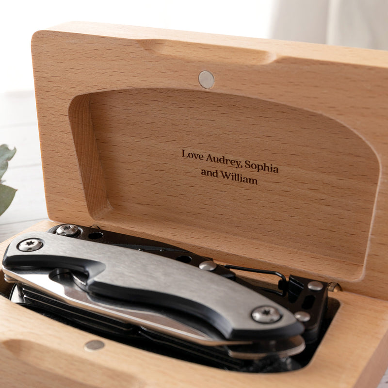 Engraved wooden box with message inside and practical stainless steel tool