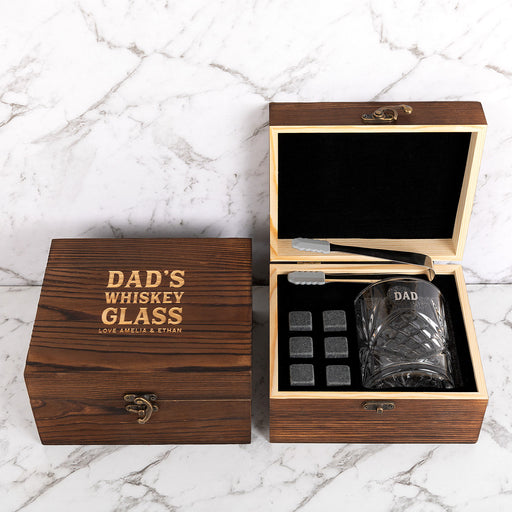 Custom Artwork Crystal Bourbon Glass, Whiskey Stone and Dark Wooden Gift Box Set for Father's Day