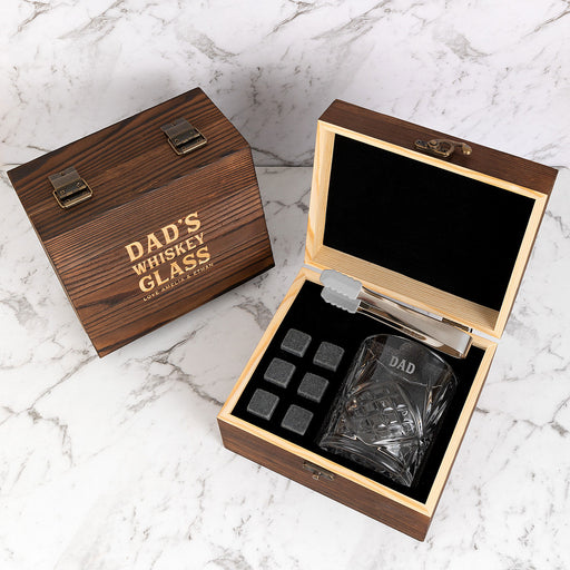 Custom Engraved Name Crystal Father's Day Whiskey Glass and Wooden Gift Box Set with Scotched Stones. Gift for Him