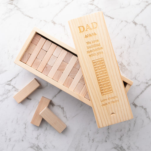 Personalised wooden tumbling towers game in custom keepsake box for Dad