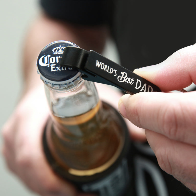 World’s Best Dad keyring bottle opener displayed with silver keyring attachment