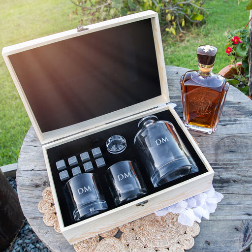 Custom Engraved Bridal Party Groomsman Round Decanter and Scotch Glasses with Whiskey Stones and Wooden Box