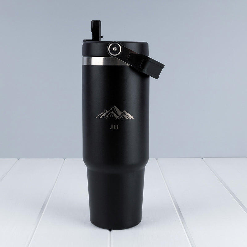 White personalised flip straw tumbler with double-wall vacuum insulation and custom laser engraving.