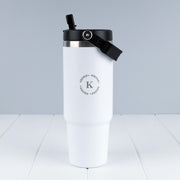 Engraved 900ml travel tumbler with carry handle, flip straw and personalised design for everyday use.