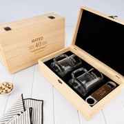 Personalised milestone birthday beer gift set with two engraved 500ml beer mugs and wooden gift box