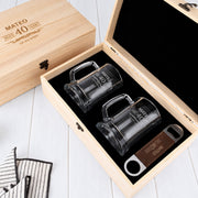 Personalised birthday beer mugs and leatherette barmate presented in an engraved wooden gift box