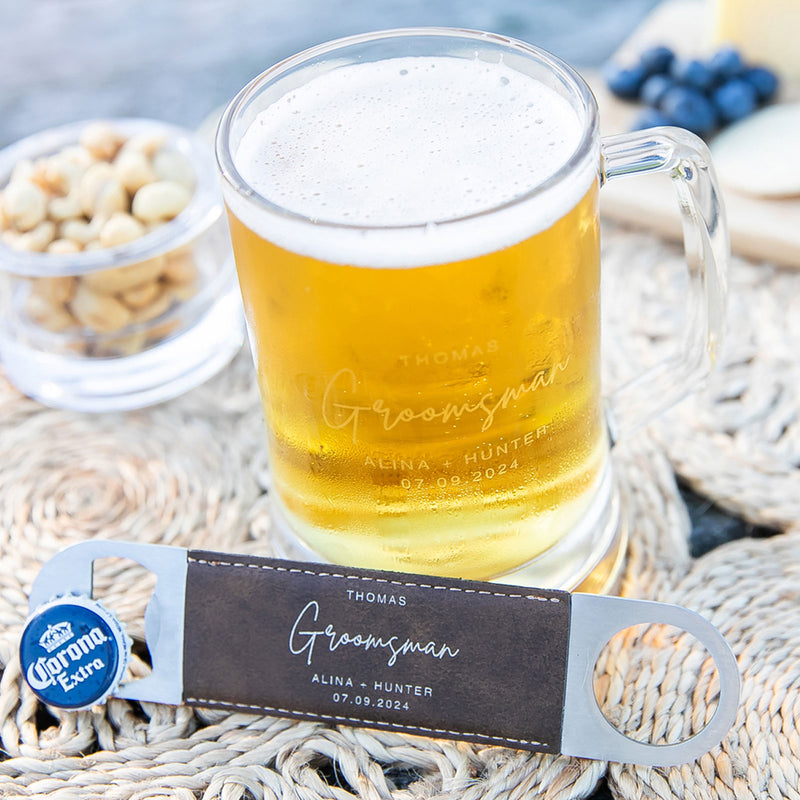 Groomsman Personalised Engraved 500ml Beer Mug and Leather Stainless Steel Barmate Bottle Opener With Gift Box Wedding Favour