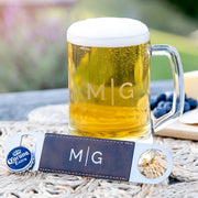 Custom engraved 500ml beer glass with leatherette barmate