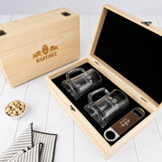 Personalised beer gift set with two engraved 500ml beer mugs, barmate and wooden gift box