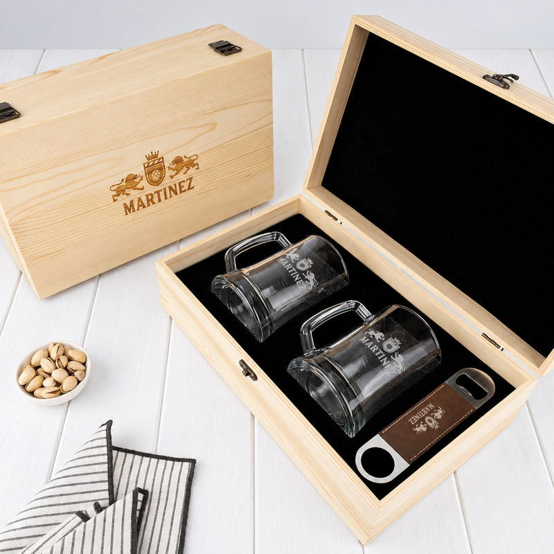 Personalised beer gift set with two engraved 500ml beer mugs, barmate and wooden gift box