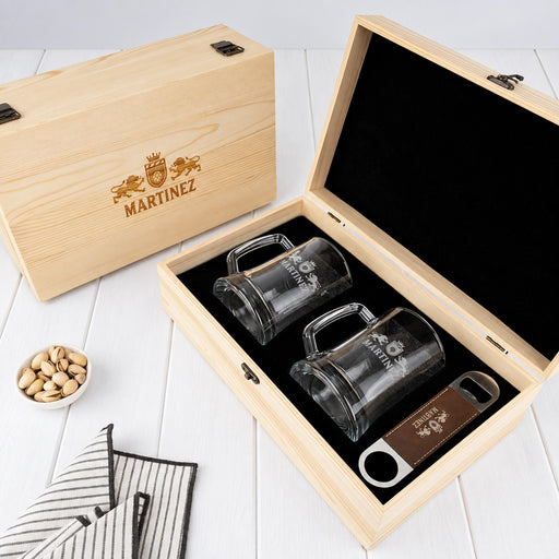 Personalised beer gift set with two engraved 500ml beer mugs, barmate and wooden gift box