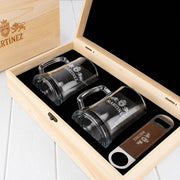 Engraved beer mug gift set with personalised leatherette barmate and wooden presentation box