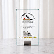 Personalised glass trophy award with full-colour company logo, custom text and chrome stand.
