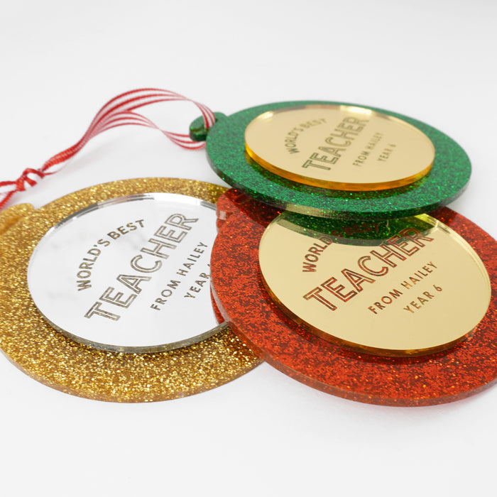 Customised Engraved Mirror Gold and Silver Teacher Christmas Tree Ornaments or Glitter gold, Green or Red