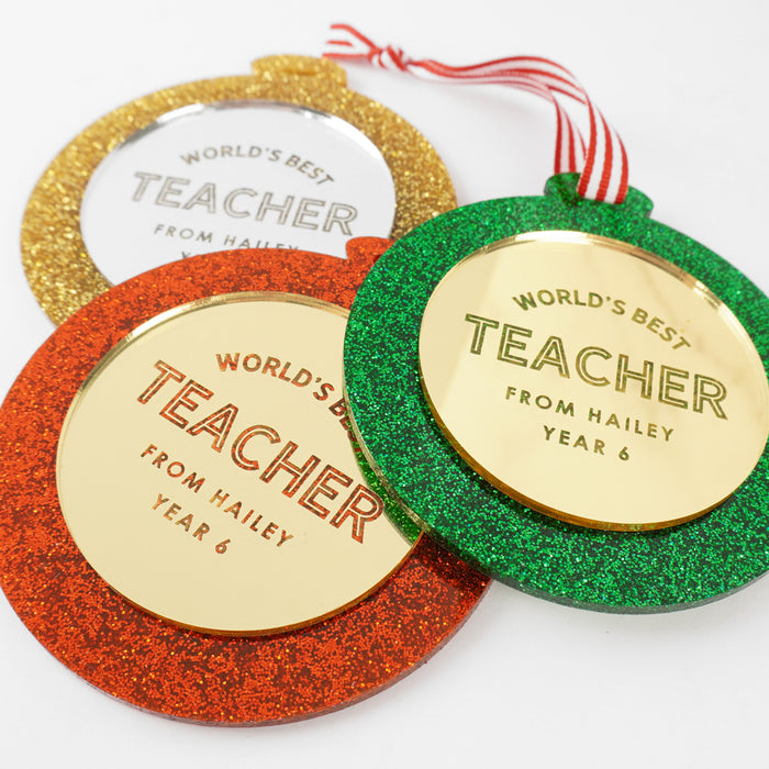 Customised Engraved Teacher Name Mirror and Glitter Green Gold Silver and Red Christmas Tree Ornaments