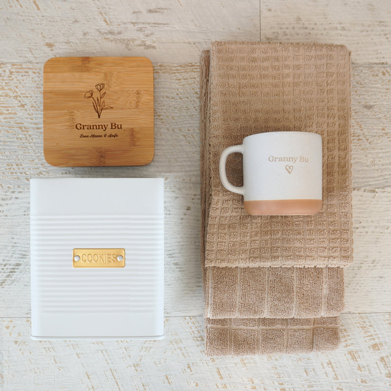 Personalised tea time value pack with cookie tin and engraved mug