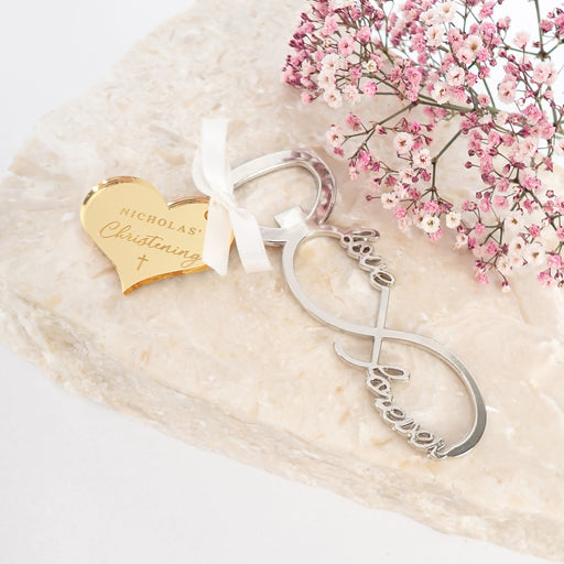 Custom Engraved Name Christening Infinity Bottle Opener with Gift Tag