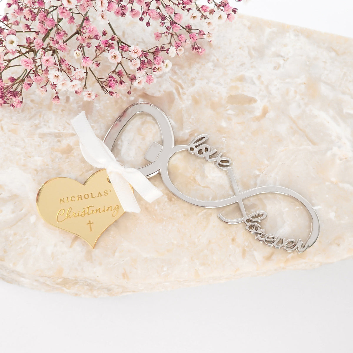 Infinity Baptism Bottle Opener Engraved Acrylic Gift Tag Personalised