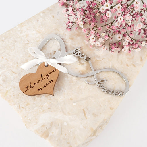 Customised Engraved Wooden Gift Tag on Infinity Wedding Bottle Opener Favour