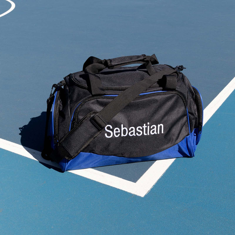 Custom Artwork Embroidered Name Blue and Black Sports Kids Duffle Bags