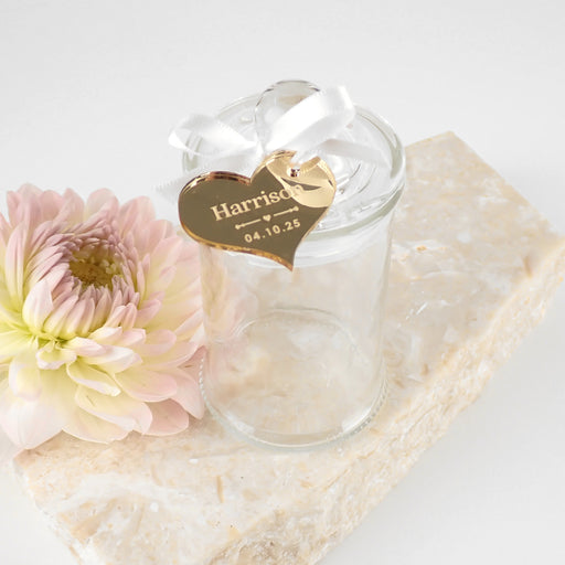 Lolly wedding reception favour jars with french tip lid and attached engraved customised gold, silver & rose gold acrylic gift tag