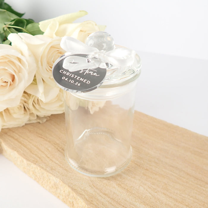 French tipped Glass Round Lolly Jars with Personalised Engraved Gold, Silver & Rose Gold Acrylic Gift Tag- for Naming Days, Baptism, Christenings and Baby Showers
