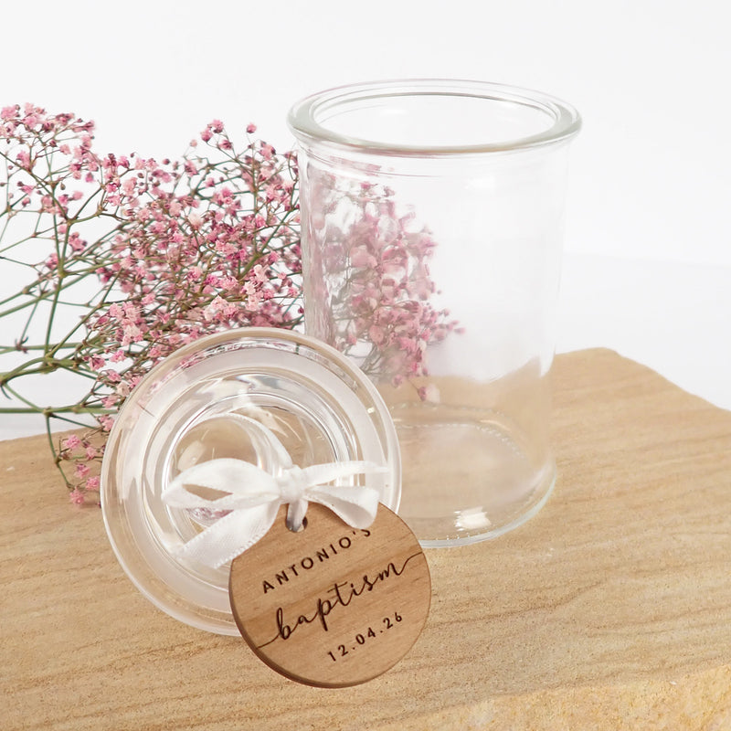 Personalised Engraved Round shaped Gift Tags on Lolly Round Jars for Christening, Baptisms, Naming Days and Baby Showers