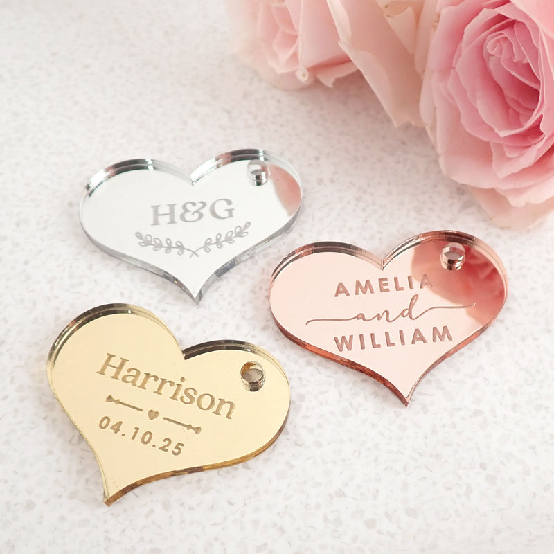 Lolly wedding reception favour jars with french tip lid and attached engraved customised gold, silver & Rose Gold acrylic gift tag