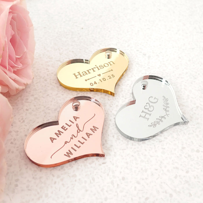 Customised Engraved Name Mirror Gold, Silver and Rose Gold Acrylic Heart Wedding Gift Tags Favours