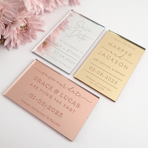 Customised Engraved Gold, Silver, Rose Gold Acrylic Wedding Save the dates