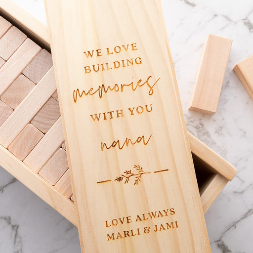 Wooden tumbling tower set with personalised message, perfect for Mum