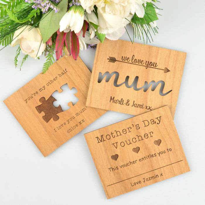 Engraved wooden Mother’s Day card with personalised message and magnetic backing.