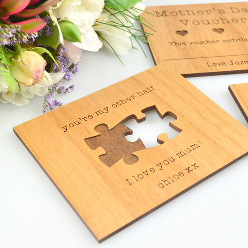 Custom wooden Mother’s Day card featuring heartfelt engraved design.