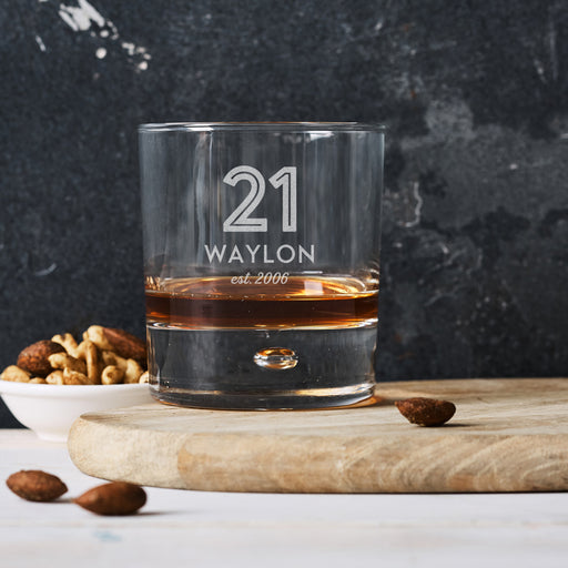 Engraved 305ml round whiskey glass, the ideal 21st birthday gift for whiskey lover