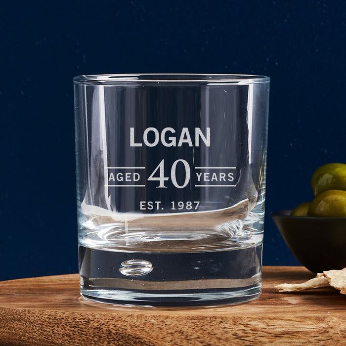 Custom engraved 40th birthday whiskey glass – elegant and unique gift idea for milestone celebrations.