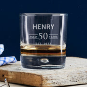 Laser engraved personalised 50th birthday whiskey glass – the perfect unique birthday gift for whiskey, bourbon, and scotch lovers.