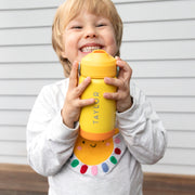 Colourful kids’ drink bottle with custom name and slip resistant base