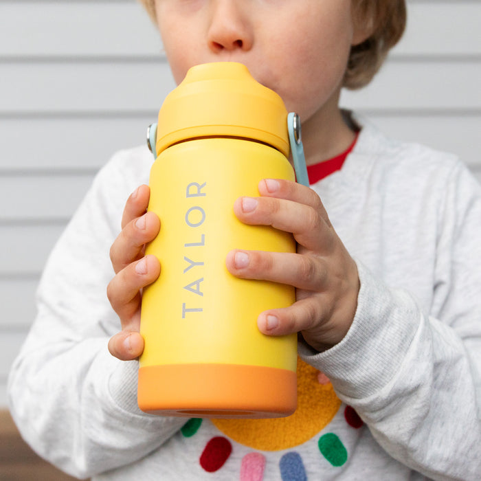 Vibrant reusable water bottle for children, personalised with initials