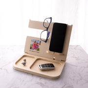 Custom photo accessories organiser made from pine, personalised with a special message for Dad's bedside table or desk.